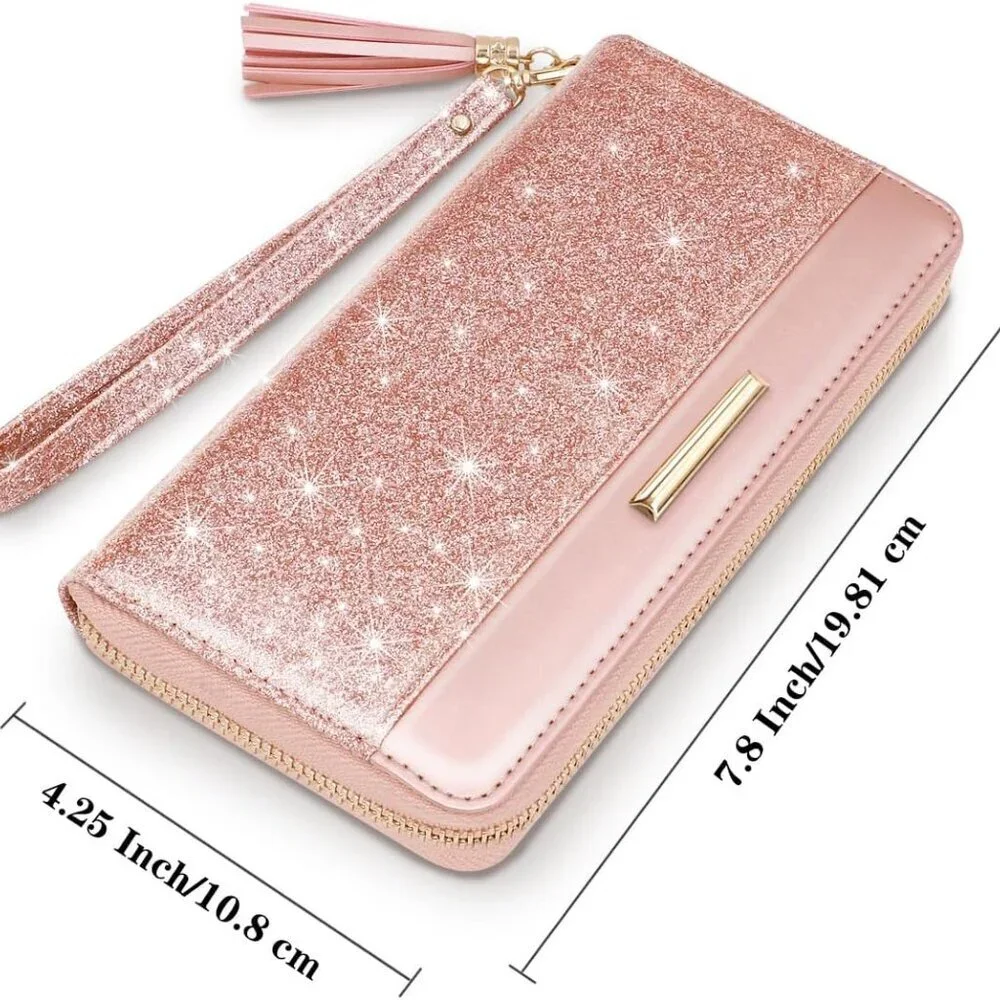 Women Wallet PU Leather Glitter Card Holder Organizer Clutch with Tassel
